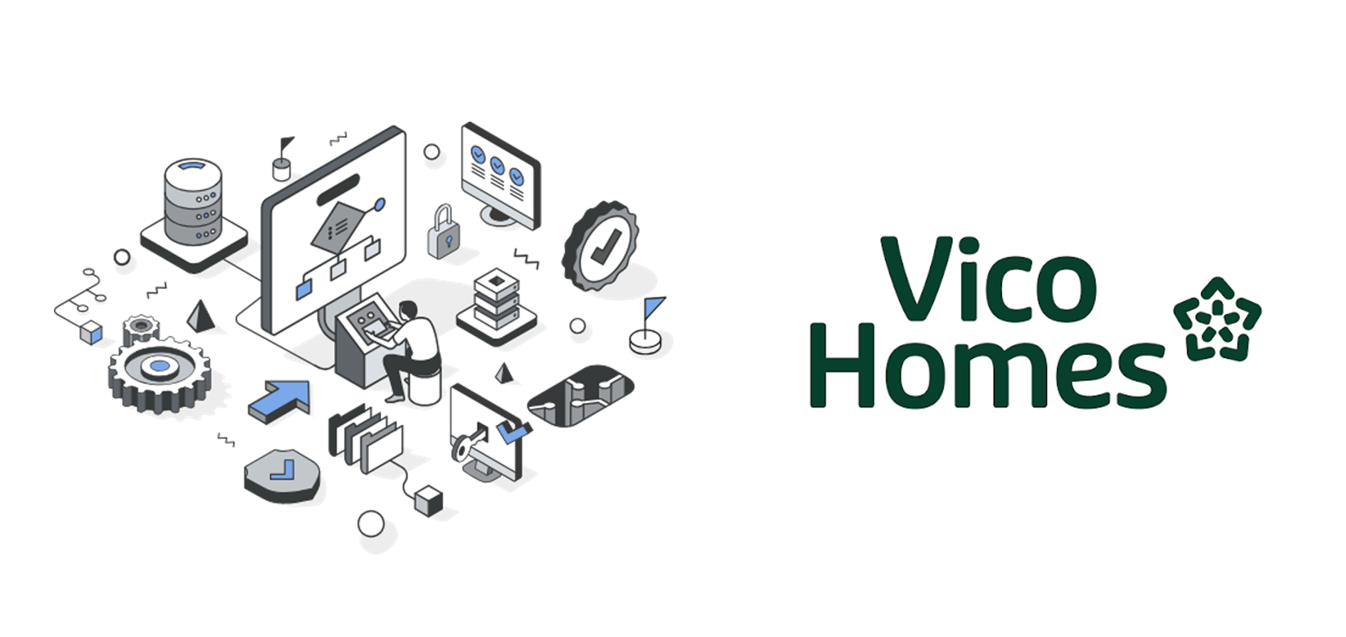 Illustrated corporate banner featuring Vico Homes logo in dark green with recycling-style emblem. Gray-and-blue isometric graphics depict homebuilding, construction tools, machinery, blueprints, gears, and digital planning elements representing Voicescape's Universal Credit Automation Solution.